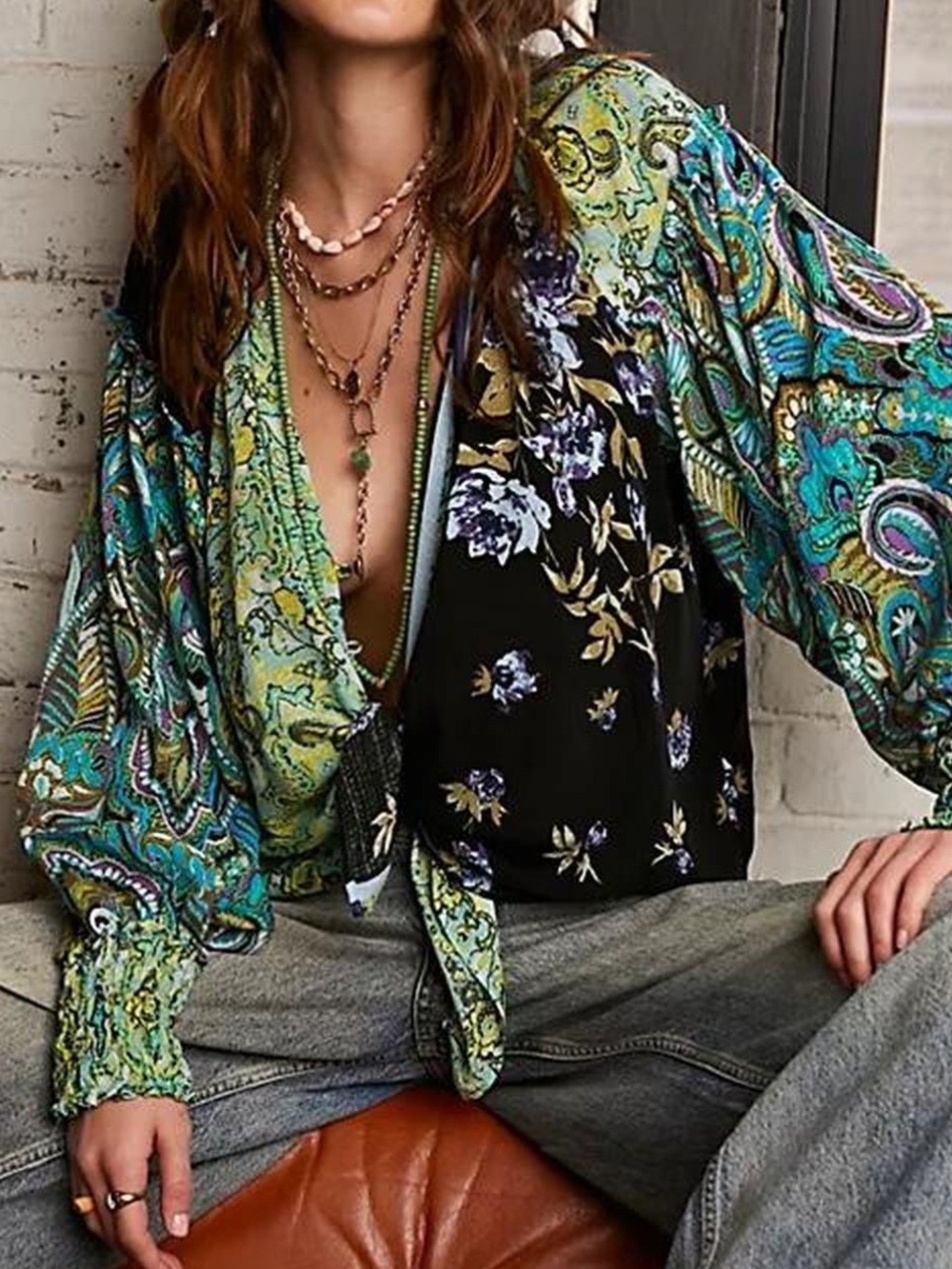 Free People small oversized up toXLBohemian Paisley Tie-Front Blouse Green Multi